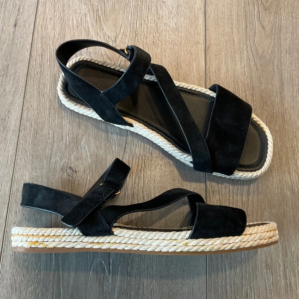 VINCE Eliana Espadrille Sandal Black Suede Velcro Side Straps Size - Picture 2 of 6